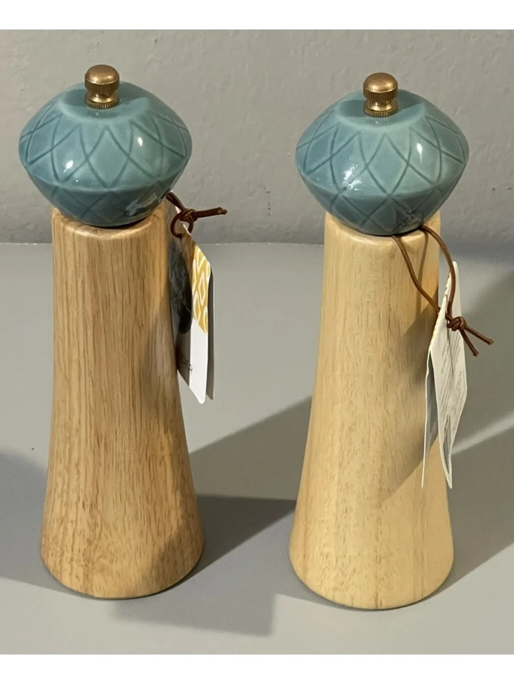 Ceramic-Top Salt and Pepper Mills in Teal and Natural Wood Open Box